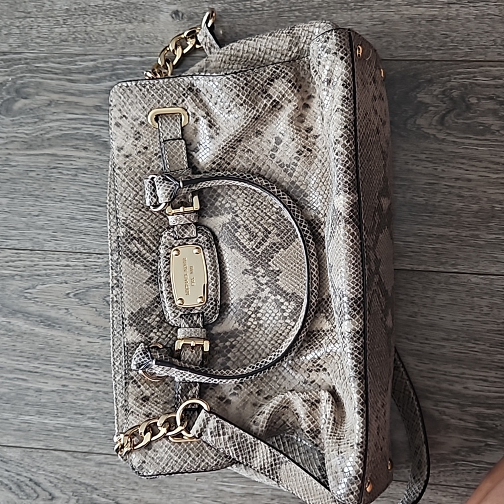 Michael Kors Snake Print Satchel in Gray and Cream with Gold Hardware